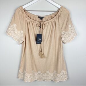 NWT Adrianna Papell Tie Neck Embroidered Top